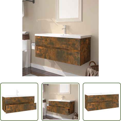 vidaXL Vasque encastrée - Meuble lavabo avec bassin intégré Chêne fumé Bois d'ingénierie (1/5)