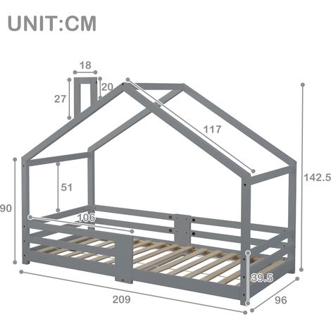 Lit Enfant Maison avec Cheminée, Barrière Anti-Chute, Sommier Robustes en Pin, 90x200 cm, Sans Matelas, Gris (1/5)