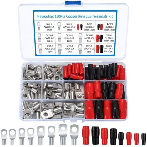 Kit de 120 cosses à anneau M6/M8 – Cuivre étamé pour conductivité optimale – Gaines thermorétractables – Applications électriques variées