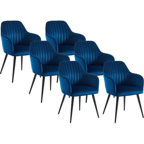 Lot de 6 chaises avec accoudoirs en velours et métal noir - Bleu - ELEANA (1/5)