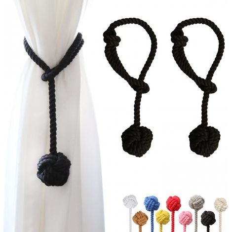 Juego de 2 abrazaderas para cortinas con gran bola tejida a mano en algodón para cortinas de exterior (Negro, 2) (1/5)