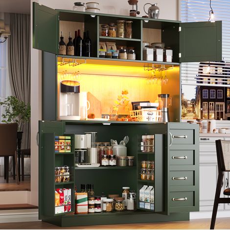 Aparador alto de MDF verde con LED, 4 puertas, 2 cajones y portabotellas, 120 x 40 x 188 cm (1/5)