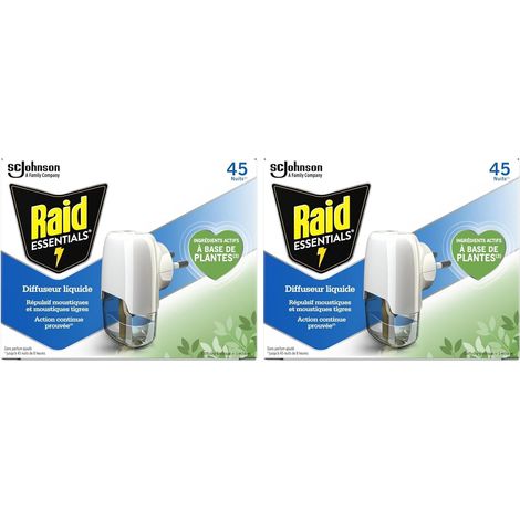 Raid Essentials Diffuseur Électrique Liquide - Répulsif Moustiques et Moustiques Tigres 45 Nuits - Sans Parfum Ajouté - 1 Diffuseur et 1 Recharge (Lot de 2) (1/5)
