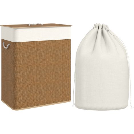 Double Laundry Basket with Lid, 100L Bamboo Laundry Hamper with Rope Handles, Washing Basket with Removable Liner for Bathroom, Bedroom, Brown