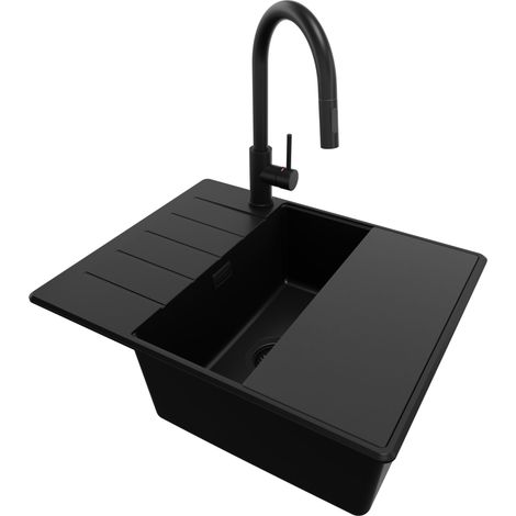 PRIMAGRAN Evier Cuisine en Granit 62x50cm, Lavabo 1 bac + Kit de Vidage + Accessoire, Évier à Encastrer au meuble 50cm - Copenhague, Tout Noir (1/5)