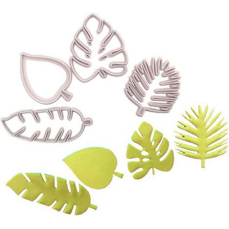 Ensemble de 4 emporte-pièces en forme de feuilles tropicales, moules à fondant en forme de feuilles de palmier pour la décoration de gâteaux sur le thème hawaïen.