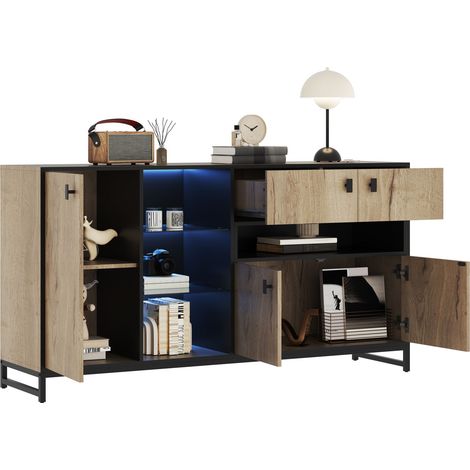 Aparador de Almacenaje con 2 Puertas, Estantes Abiertos, Baldas de Vidrio y LED para Salon Oficina en Madera, Natural 160×40×84.5 cm (1/5)