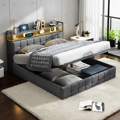 Lit coffre 160x200 cm, avec éclairage LED et port USB, lits double capitonné avec tete de lit, cadre de lit 160 x 200 cm avec sommier et rangement, lin matériel, gris (1/5)