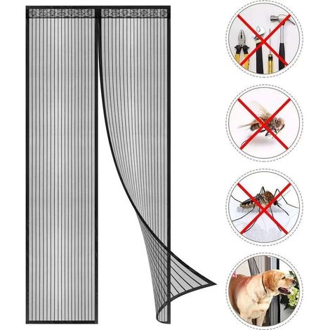 Rideau magnétique anti-insectes pour porte 90x220cm, moustiquaire aimantée idéale pour balcon, cave et terrasse, fixation adhésive facile sans perçage (non découpable), noir (1/5)