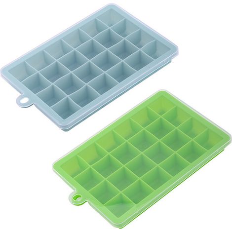 Juego de 2 bandejas de silicona para cubitos de hielo con tapa, de fácil desmolde, inodoras, para bebidas y alimentos. (1/5)