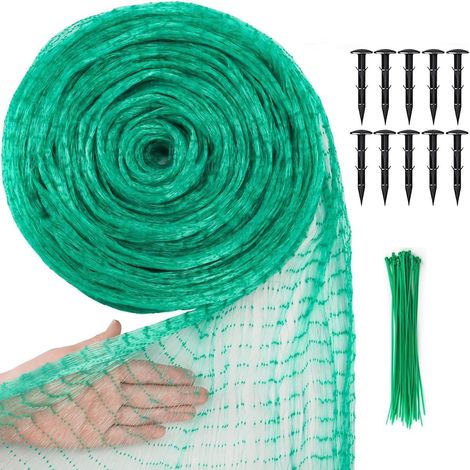 1 Filet Anti-Oiseaux, 4m X 10m, Mailles 15mm, Polyéthylène, Vert, Avec 30 Serre-Câbles, 10 Piquets, Jardin (1/5)