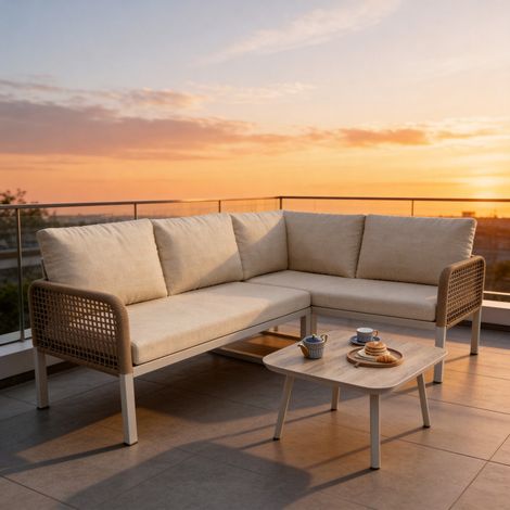 Garden Set with Wood-look Tempered Glass Table, Convertible 4 Seater Polyester Rope Conversation Set with Sofa and Armchairs, Weatherproof Outdoor Patio Corner Sofa for Balcony and Terrace,Beige