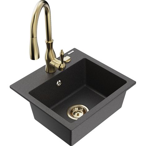 Mexen Milo 1-Becken-Granit-Spüle mit Mischbatterie Savita, Schwarz gesprenkelt - 6505-76-672601-50