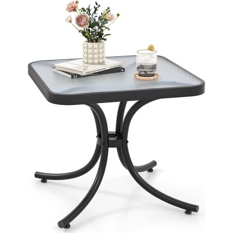 GOPLUS Table de Jardin avec Plateau en Verre Trempé, Table de Patio Carrée 50x50x45cm avec Cadre Métallique Robuste, Table Compacte Intérieure Extérieure pour Jardin, Arrière-Cour, Piscine (1/5)