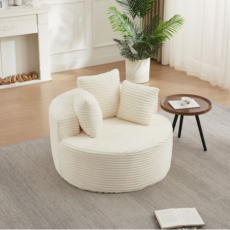 Sillón individual redondo de pana beige de 110 cm con 3 cojines (1/5)