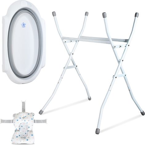 Jiubiaz Faltbare Babybadewanne mit Gestell, bis 10 kg Tragfähigkeit, mit Badekissen (Grau)