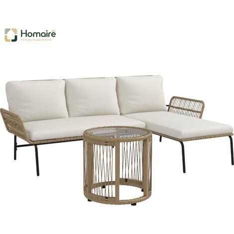 HOMAIRE Set de mobilier de jardin en rotin avec chaise longue, table basse, canapé à deux places et coussins de siège crème pour terrasse et balcon
