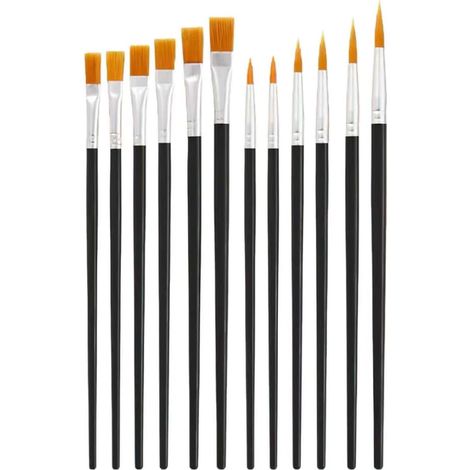 12 pinceaux nylon noirs multi-usages plats/pointus, pour aquarelle, huile, gouache, acrylique, maquillage visage