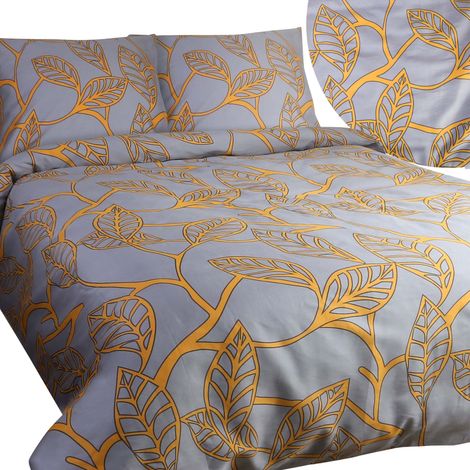 Baumwollbettwäsche 180x200 Satin, Baumwollgrau mit sonnengelben Blättern (1/5)