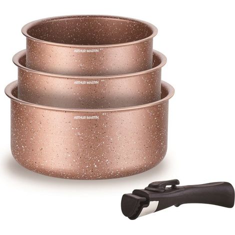 Set aus 3 Töpfen - Für alle Herdarten einschließlich Induktion - ARTHUR MARTIN - AM2366 - Ø 16, 18 und 20 cm + 1 abnehmbare Griffe - Terrakotta