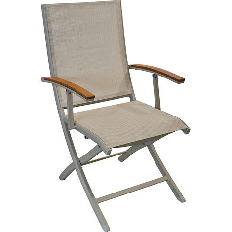 PROLOISIRS Fauteuil repas pliant - TREVISE - Crème chevron - Aluminium époxy - Accoudoirs teck FSC