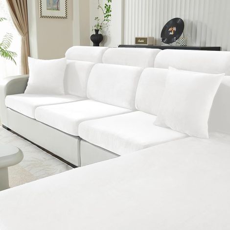 Fodera per cuscino divano in velluto, coprisedile universale elasticizzato, protezione per mobili, copridivano antiscivolo (3 posti, bianco) (1/5)