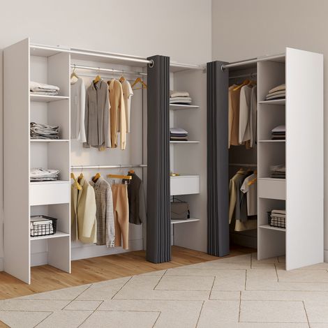 MARLON 230 x 140 x 180 cm armario esquinero blanco con armarios + estantes + cortinas grises