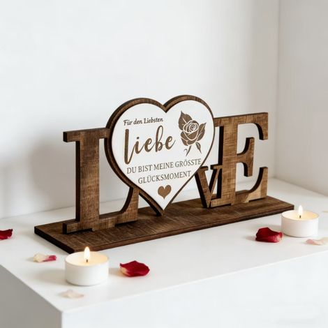 Decorazione in legno con scritta LOVE per San Valentino – Decorazione rustica da tavolo per casa, cucina, caminetto e occasioni festive (1/4)