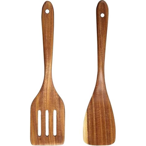 2-teiliges Holzspatel-Set Antihaftbeschichtete Küchenutensilien aus Akazienholz mit langen Griffen Massive und geschlitzte Spatel zum Kochen und (1/2)