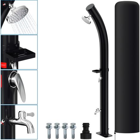 Randaco Douche solaire 20 L avec colonne courbée et porte-savon – housse de protection et bouchon de vidange inclus (douche de jardin, douche de piscine, camping)