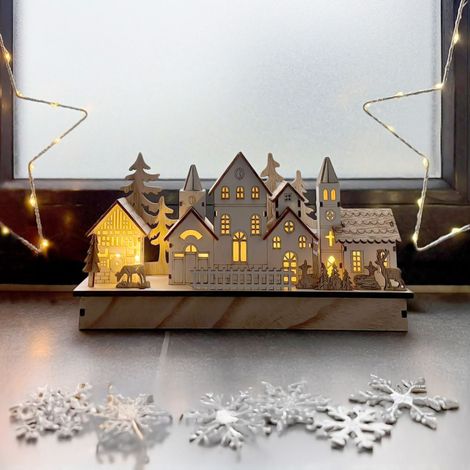 LED Holz Winterstadt Aufsteller warm weiß beleuchtet - 30 x 14 cm - Weihnachtsdorf Szene Tischdekoration Batterie betrieben - Tisch Fenster Deko für Weihnachten Adven Winter