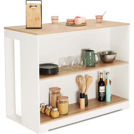 Idmarket – Table de bar îlot JUNO bois blanc – Plateau façon hêtre – Dimensions 113x60x90 cm – 2 étagères de rangement – Design compact pour petits espaces