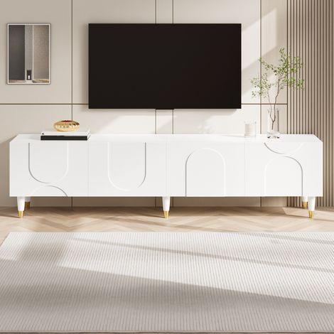 Meuble TV 180 x 40 x 50cm lowboard 4 portes PB MDF pieds massif design relief asymétrique spacieux pratique salon minimaliste élégant (1/5)