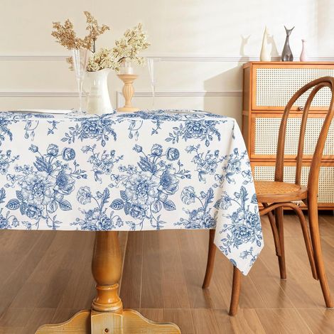 Tischdecke rechteckig blaues Blumenmuster 132x182 cm waschbar wasserdicht