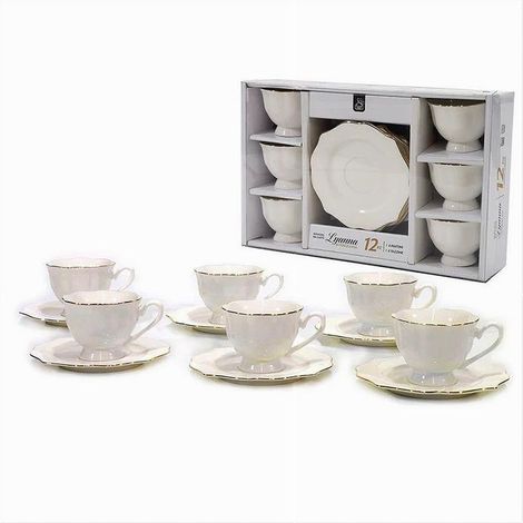 Set 12pz Servizio Da Tè O Caffè Con 6 Piattini + 6 Tazze Assortiti In Porcellana