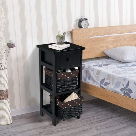 COSTWAY Nachttisch mit Schublade und 2 Aufbewahrungskoerben, Beistelltisch Korbkommode, Schubladenregal für Schlafzimmer, Wohnzimmer 28x26x60cm Schwarz (1/5)