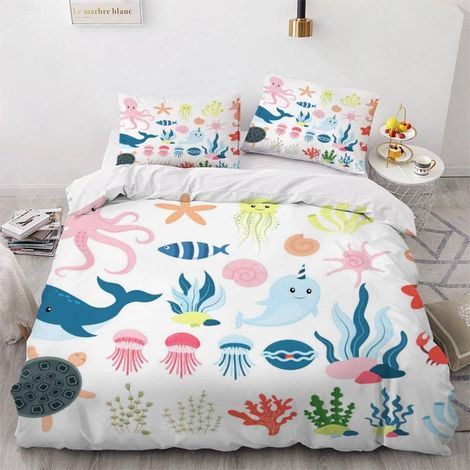 Housse de Couette 140x200 Enfant Animaux Marins De Dessin Animé Parure de Lit 1 Personne Microfibre Housse de Couette Méduse Poulpe 3D Imprimé Literie Set 3 Pièces avec Fermeture Éclair - 140x200+2x50 (1/5)