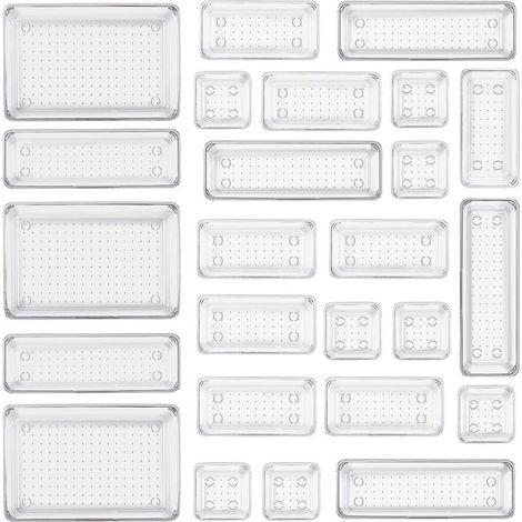 Tigrezy, Lot de 25 Organisateurs de Tiroirs en Transparent,avec 4 tailles de boîtes de rangement en plastique, organiseur de maquillage transparent antidérapant pour salle de bain,cosmétiques