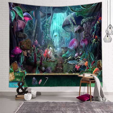 Tapisserie murale psychédélique hippie « Jardin forestier » (180 x 229 cm), motif plantes et champignons, tapisserie abstraite décorative pour chambre ou salon. (1/4)
