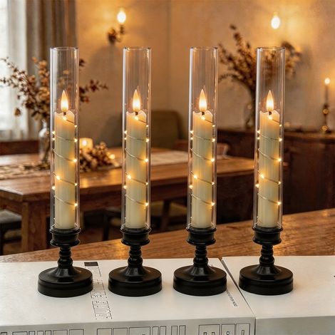 4 Bougies LED Sans Flamme Sans télécommande, Effet Vacillant et Guirlande Lumineuse Étoilée Intégrée, Décoration, Noir (1/5)