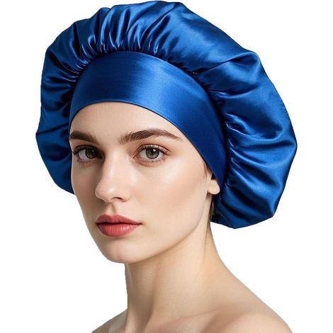 Satin-Nachthaube, Seiden-Nachthaube, Nachthaube für Frauen mit langem, lockigem Haar (blau) (1/5)