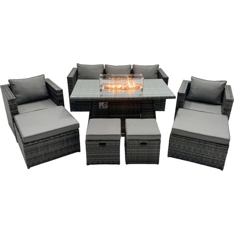 Fimous Rattan Gartenmöbel Set 9-Sitzer Garten Sofa Gas Feuertisch Set mit 2 hohen Hockern