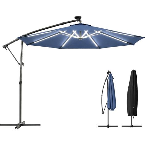 Outsunny 3 m Garden Cantilever Parasol with Solar Light, Rotation, Navy Blue (1/5)