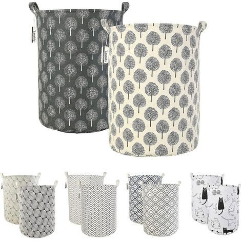 pair Lot de 2 paniers à linge pliables, auto-déployants, étanches, ronds, en coton et lin (1/5)