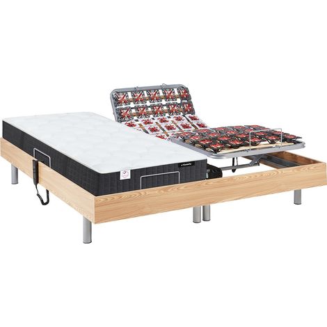 Letto elettrico relax sole sospensioni materasso molle insacchettate e memory - motori OKIN - 2 x 80 x 200 cm - Quercia - PHANES di YSMÉE