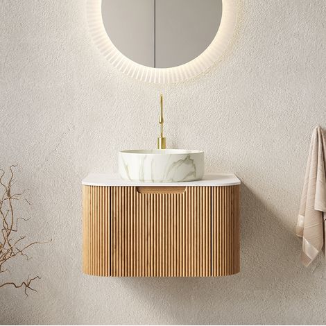 Mobile lavabo sospeso in compensato, ceramica e pietra sinterizzata naturale e bianco con cassetto soft-close (1/5)