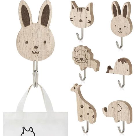 Set di 6 ganci da parete in legno a forma di animali, simpatici ganci adesivi per vestiti, ganci in legno autoadesivi per la cameretta dei bambini, la stanza del neonato, il bagno, decorazione - gatti