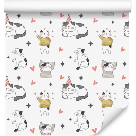 Papier peint Chats blancs, gris clair et gris pour salon et chambre 50x1000 cm (1/5)
