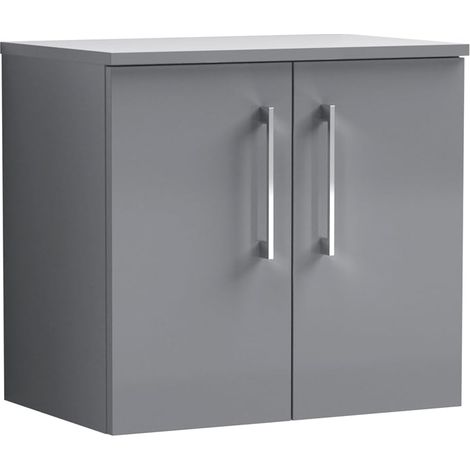 Nuie Arno Satin Grey 600mm Wall Hung 2 Door Vanity Unit with Worktop - ARN2223W (1/5)