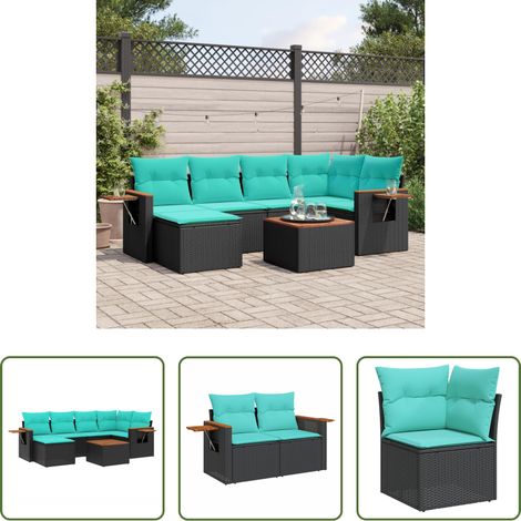 Gartentisch - 7-tlg. Garten-Sofagarnitur mit Kissen Schwarz Poly Rattan (1/5)